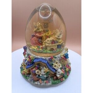 Vintage Easter Bunny Garden Snow Globe Musical Glitter Flowers Cute Collectible